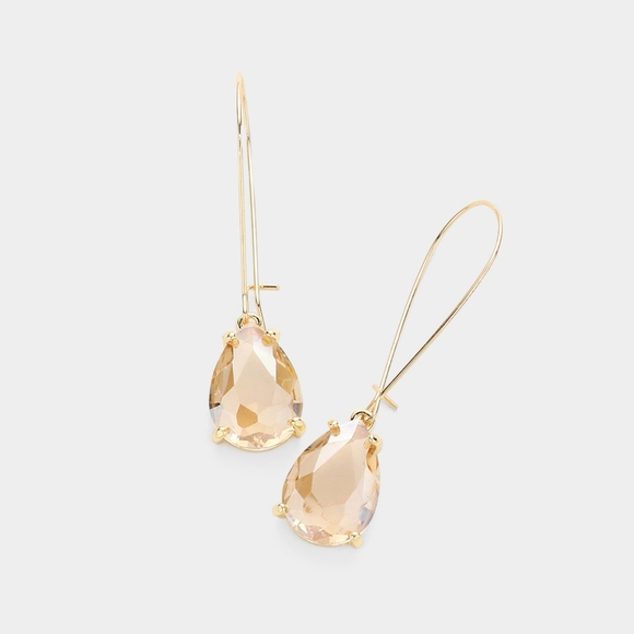 Taupe Teardrop Dangle Earrings 2" Stone Wire Simple Jewelry Gold Water Drop - Picture 1 of 2